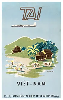 Prints of 'Viet-nam' travel poster featuring a jet passing rice farmers, buildings, and others in a rural Vietnamese landscape Vietnam Prints: TAI Rural Vietnam Poster