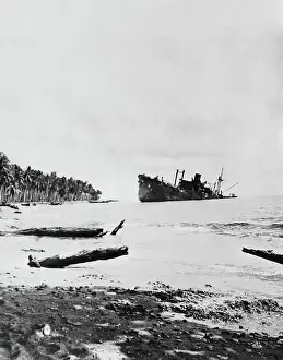 Guadalcanal Prints: Targeted and Damaged Japanese Military Vessel Offshore