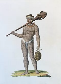 Images Dated 13th July 2017: Tattooed Nukahi warrior with club and gourd, handcoloured copper engravings from picture