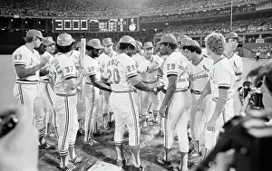 Scoreboard Prints: Teammates Congratulate Baseball Player Lou Brock During Game