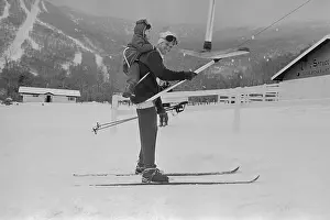 Stowe Prints: Ted Kennedy on Skis with Young John Jr. Strapped to His back