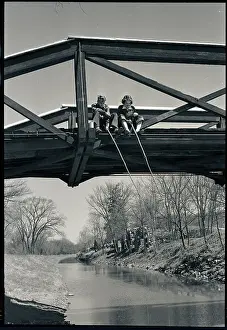 String Prints: Teenagers Fishing from Bridge