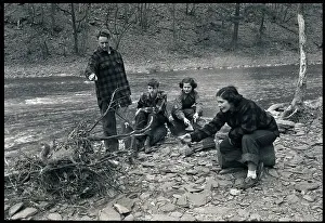 Camping Prints: Teens Camping/Squirrel On Pile Of Twigs