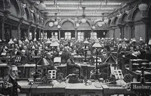 The Telegraph Station with Electromotive Printing Telegraphs in Berlin, Germany, 1890, Historic, digitally restored reproduction of an original 19th century artwork
