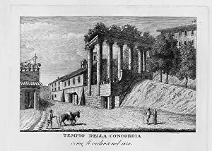 Temple of Concordia in Rome is located on the western narrow side of the Roman Forum next to the Temple of Vespasian, Tempio della concordia, Italy, digitally restored reproduction from Vedute principali e piu interessanti di Roma by Giovanni