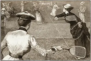 Prints of Wood engraving from Harper's Weekly magazine depicts a group of women as they play lawn tennis in Brooklyn's Prospect Park, New York, New York, 1885. (Photo by Stock Montage/Getty Images) The Grand Slam Gallery: Tennis Game