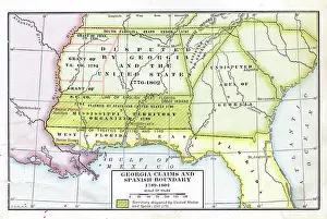 Prints of Color coded map detailing the territorial claims of Georgia, Spain, and the United States, 1789 - 1802. The map was originally published in New York, 1920. (Photo by Interim Archives/Getty Images) Discover the World in Maps: Past, Present, and Beyond: Territorial Claims Of Georgia, Spain, & The US