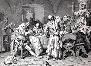 Testing the new wine in the monastery, monks in Reichenau Monastery, Germany, Historical, digitally restored reproduction of a 19th century original