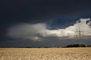 Thick Gallery: Thick storm clouds gathering over a field of rye with power poles, Bavaria, Germany, Europe