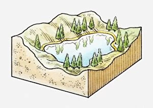 Three-dimensional illustration of mountain lake surrounded by forest