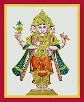 Varada Mudra Prints: Three-headed and four-armed Brahmā stands on a low pedestal