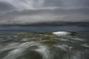 Stormy Gallery: Thundercloud, shelf cloud, with storm and waves on Lake Constance near Konstanz