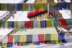 Tibetan temple behind prayer flags
