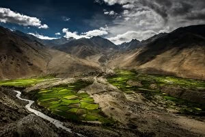 Tibetan valley with agricultural area