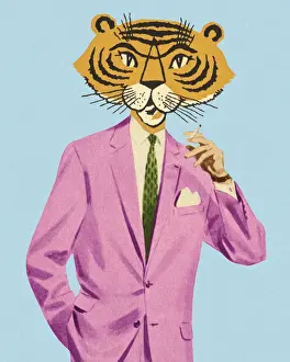 Business Person Prints: Tiger Man Wearing Pink Suit