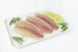 Tilapia fillets on a plate with lemon and dill