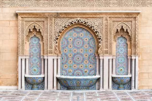 Morocco, North Africa Collection: Tiled fountain on Mosque Hassan in Rabat, Morocco