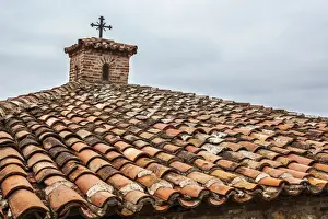 Thessaly Prints: Tiles and cross on roof of Monastery Varlaam