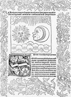 Prints of (Original Caption). Black and white illustration and Latin text for a manuscript page. This is the title page for Dialogus Creaturarum Moralisatus Discover the beauty and mystery of the medieval era: Title Page Of Manuscript W/Moon & Sun