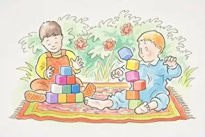 Images Dated 8th August 2006: Two toddlers on rug building with square bricks