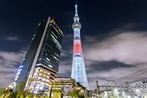 Tokyo Sky tree illuminated with special light up for celebration olympic at night, Tokyo