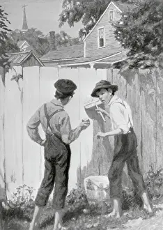 Chores Prints: Tom Sawyer Washing the Fence Book Illustration from Mark Twain's The Adventures of Tom Sawyer