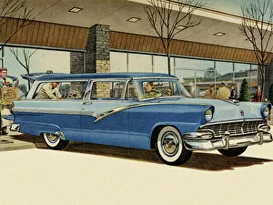 Vintage Car Illustrations Gallery: Two Tone Blue Vintage Car at Grocery Store