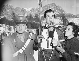 Gold Medal Prints: Toni Sailer Holding Glove in His Mouth