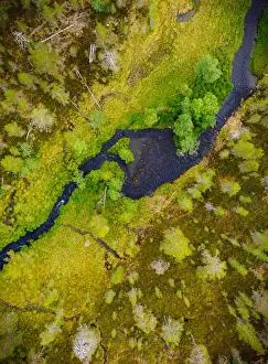 Top-down aerial view of a small river flowing through remote landscape in the Finnish