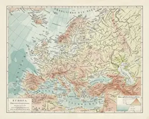 Holidays Prints: Topographic map of Europe, lithograph, published in 1897