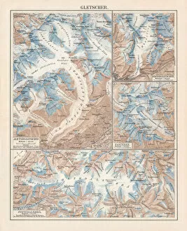 Images Dated 22nd June 2018: Topographic maps European glaciers, lithograph, published in 1897