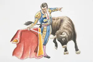Cape Prints: Torero in embroidered blue costume holding red cape (muleta)