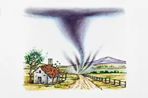 Tornado in rural landscape, tiles flying off roof