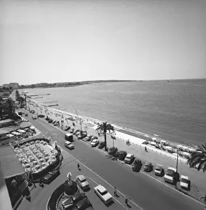 Ocean And Sea Prints: Tourist complex at seashore, (B&W), elevated view