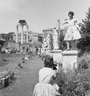 Pedestal Prints: Tourist At Roman Forum Statues