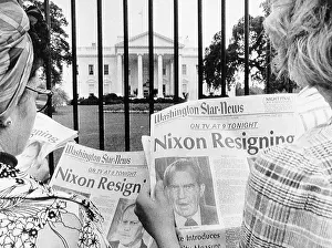 Headline Prints: Tourists Reading Nixon Resignation Headline