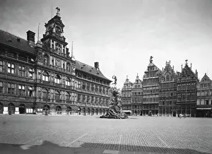 Antwerp Prints: Town Center with Exquisite Buildings and Center Sculpture