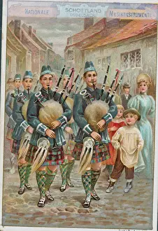 Town Scene Prints: Townsfolk near Scottish Men Blowing Bagpipes