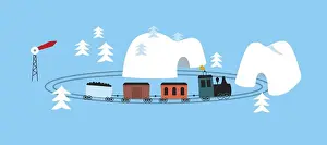 Gifts Prints: Toy train moving along circular track passing under snowy mountain tunnels