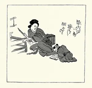 Traditional Japanese art, Teacher and student learning to read, Victorian 19th Century style, Vintage illustration