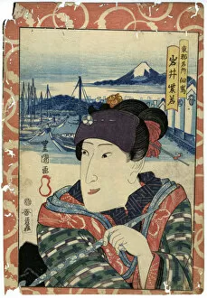 Traditional Japanese Woodblock female by harbour