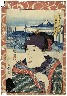 Images Dated 6th April 2012: Traditional Japanese Woodblock female by harbour