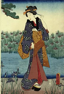 Pond Collection: Traditional Japanese Woodblock female by pond