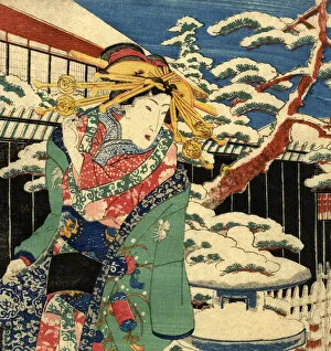 Season Gallery: Traditional Japanese Woodblock female in the snow