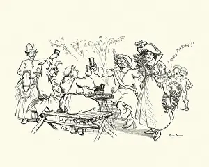 Traditional mummers actors drinking having lunch in the garden, Victorian