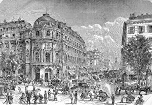 Heritage Buildings Prints: Traffic and people in the street Boulevard des Capucines