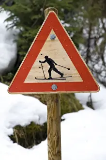 Road Sign Prints: Traffic sign calling attention fo crossing cross-country skiers, Oslo, Norway, Europe
