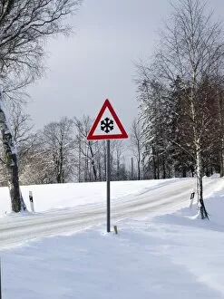 Traffic sign in winter, Upper Bavaria, Bavaria, Germany