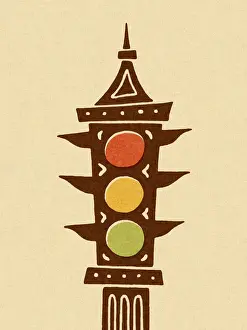 Brown Background Prints: Traffic Signal on Post