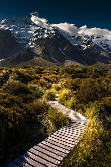 a trail over green landscape of Mt Cook